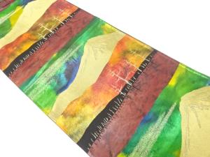 遠山に木立ち模様織り出し　袋帯